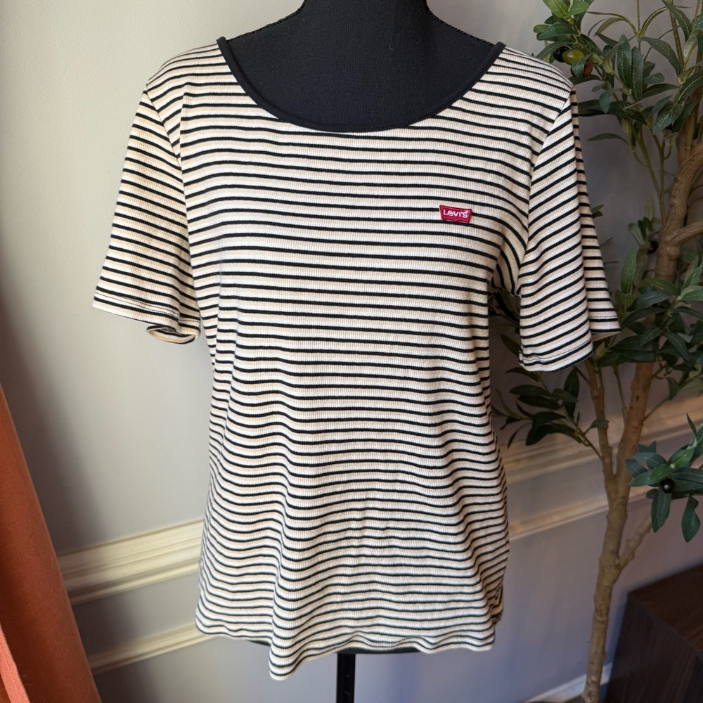 Levi's Striped Ribbed Tee Shirt Black Cream 1X Logo Short Sleeve